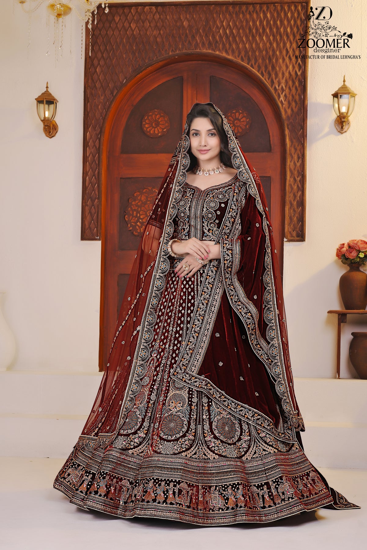 Royal Maroon Velvet Embroidered Bridal Lehenga Choli with Dupatta