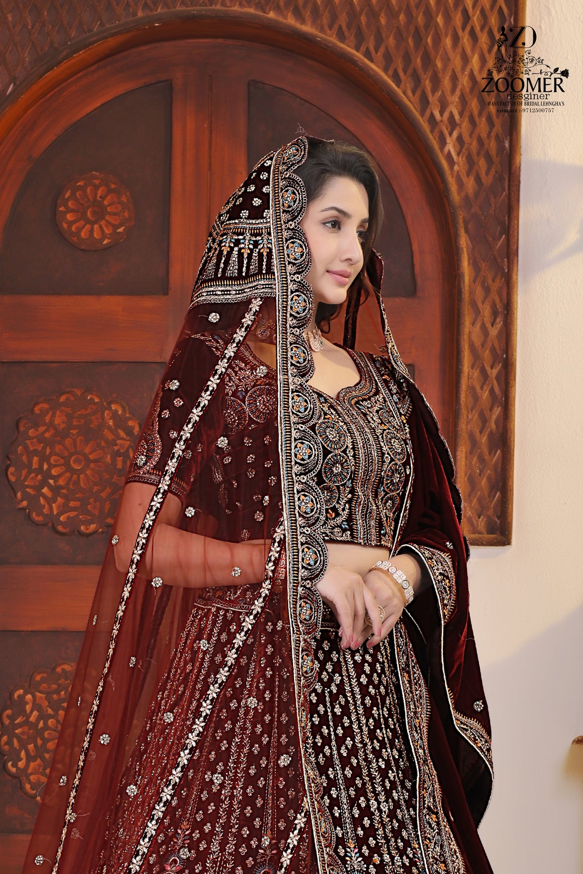 Royal Maroon Velvet Embroidered Bridal Lehenga Choli with Dupatta