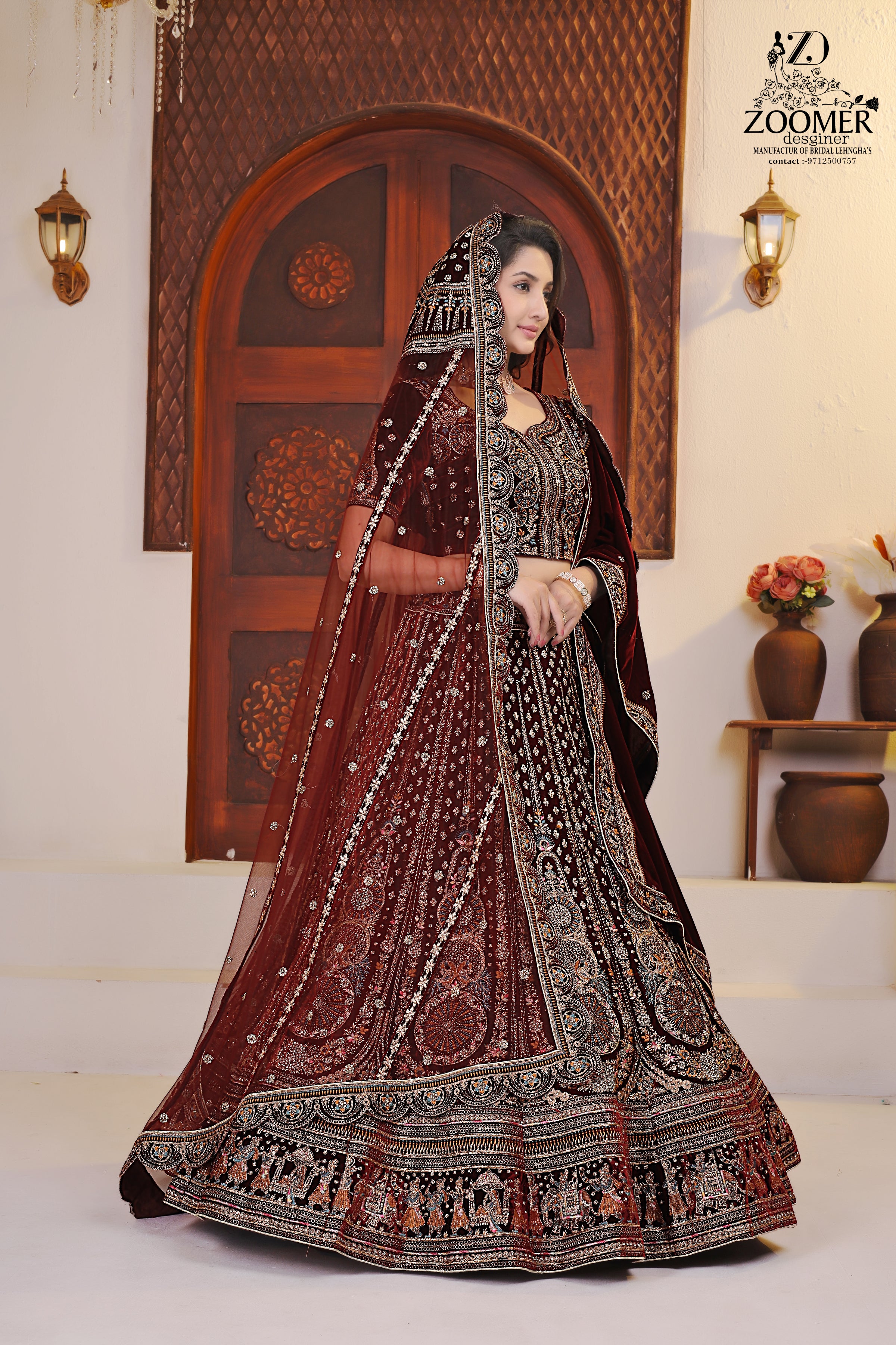 Royal Maroon Velvet Embroidered Bridal Lehenga Choli with Dupatta