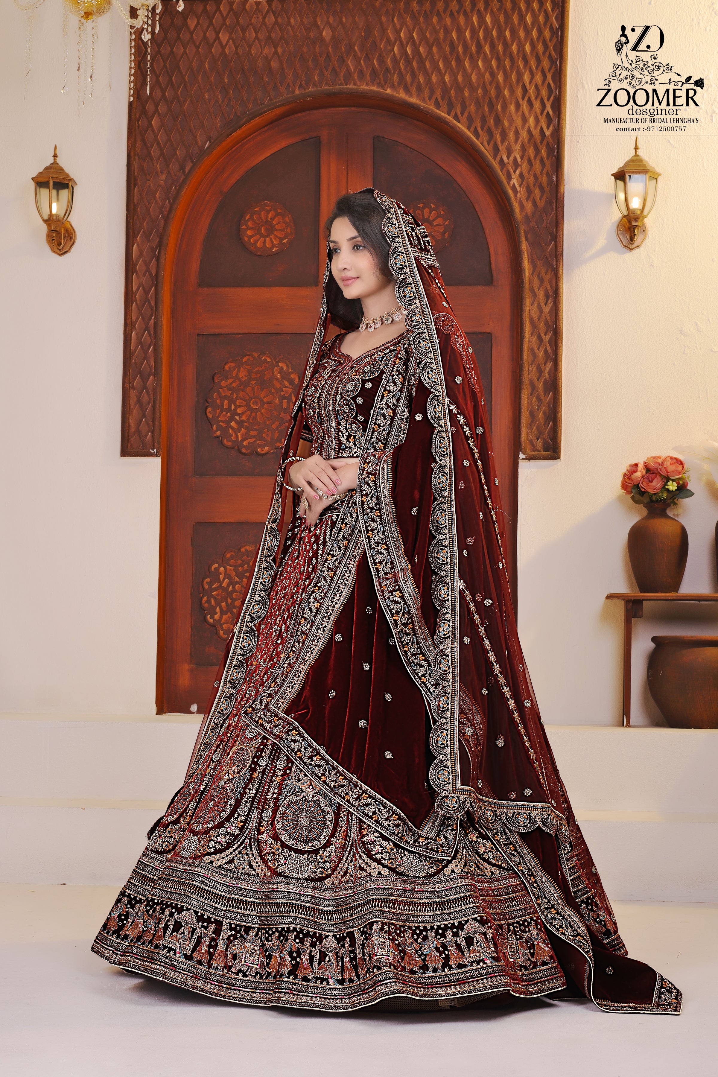 Royal Maroon Velvet Embroidered Bridal Lehenga Choli with Dupatta