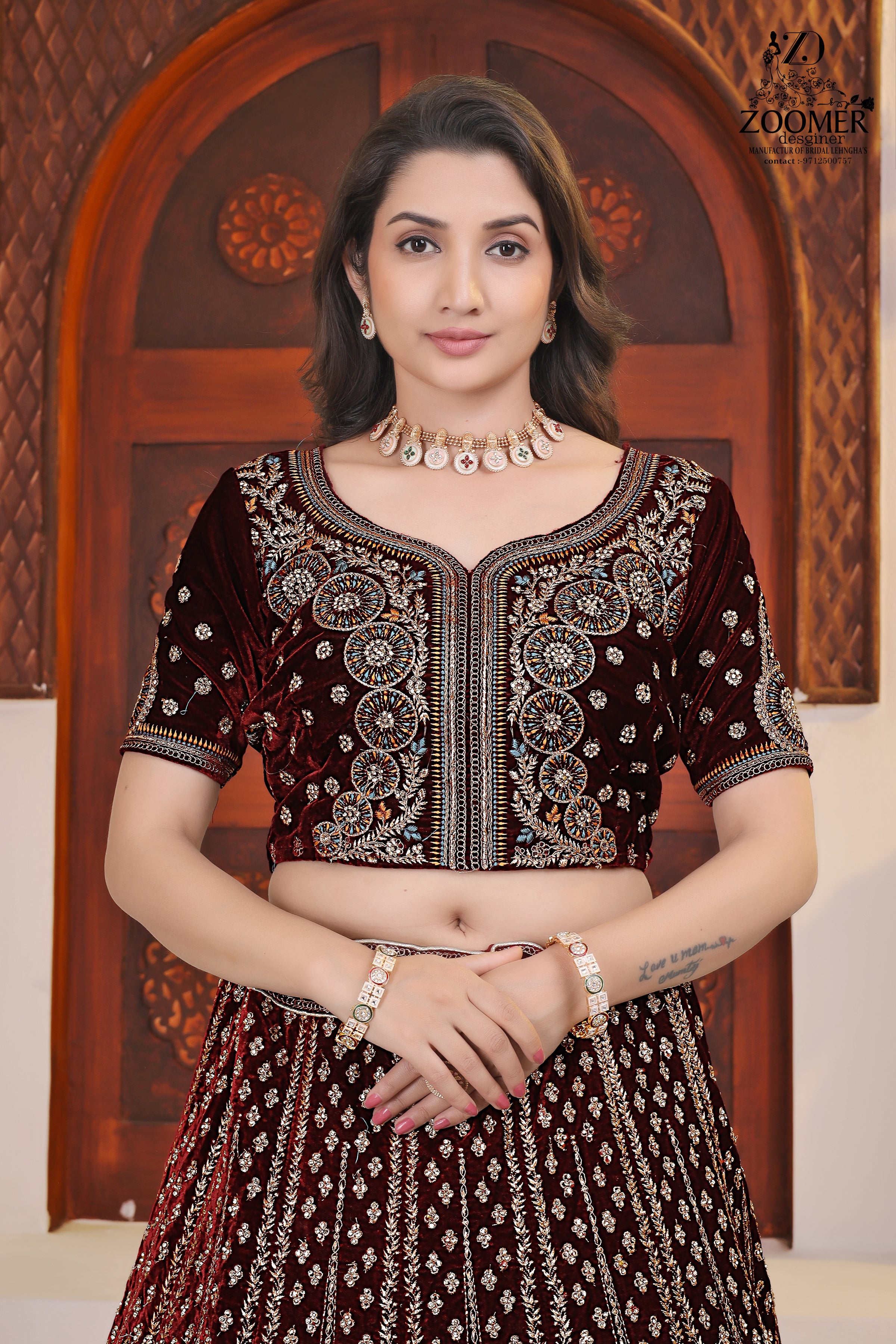 Royal Maroon Velvet Embroidered Bridal Lehenga Choli with Dupatta